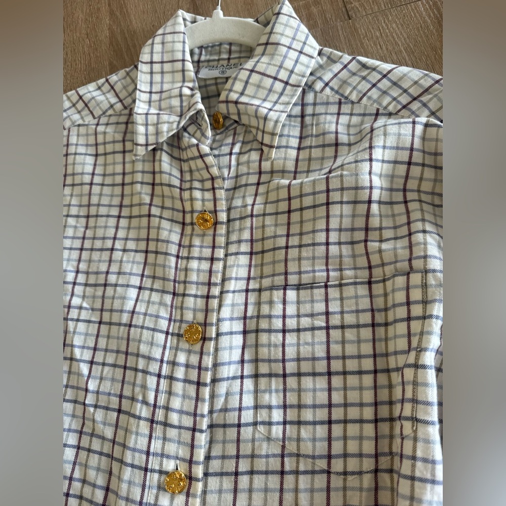 CHANEL Women's Checkered Shirt with Gold Buttons